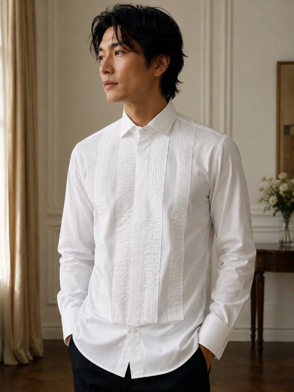 Vintage Avi Rossini White Pleated Tuxedo Shirt French Cuff Formal Dress Shirt L